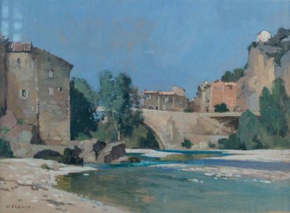 Émile WÉGELIN (1875-1962) Village sur une rivière.
Aquarelle et gouache, signée en...