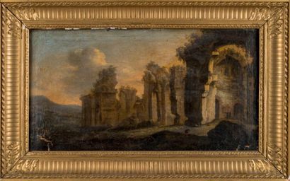 ÉCOLE ITALIENNE DU XVIIIÈME SIÈCLE Ruines animées.
Huile sur toile. 27x51 cm. (A...