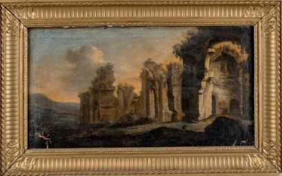 ÉCOLE ITALIENNE DU XVIIIÈME SIÈCLE Ruines animées.
Huile sur toile. 27x51 cm. (A...