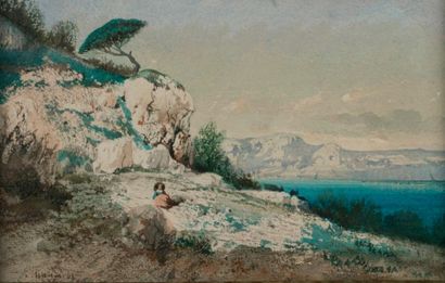ECOLE FRANCAISE DU XIXème siècle Bord de méditerranée et bergère.
Aquarelle, signée...