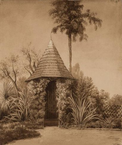 ECOLE FRANCAISE DU XIXème siècle Construction exotique dans un jardin. Lavis d'encre...