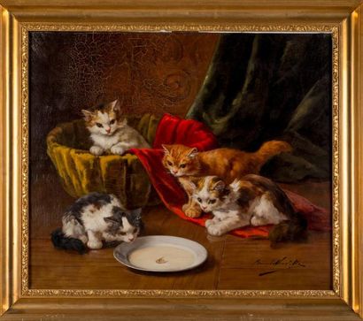 Alfred Arthur BRUNEL DE NEUVILLE (1852-1941) Chatons, la mouche.
Huile sur toile,...