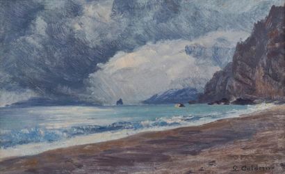 Luigi CALDERINI (1880/81-1973) La plage sous l'orage.
Huile sur papier marouflé sur...