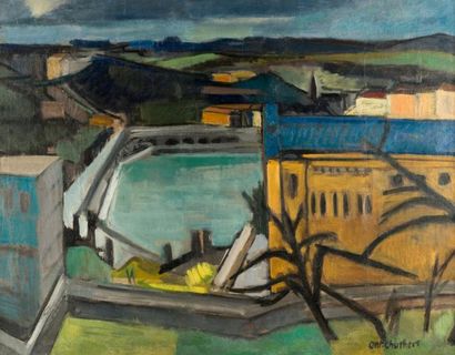 Antoine CHARTRES (1903-1968) Ville de Provence en bord de fleuve.
Huile sur toile,...
