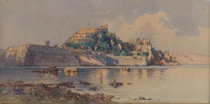 Ecole Italienne du XIXème siècle Grattina. Ville fortifié au bord de la Méditerranée.
Aquarelle,...