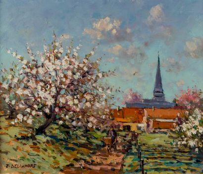 Élysée DELCAMBRE (1930) Village normand au printemps.
Huile sur toile, signée en...