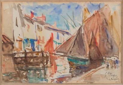 Joannès DREVET (1854-1940) St-Tropez, le port animé.
Aquarelle, signée en bas à droite.
23x16...