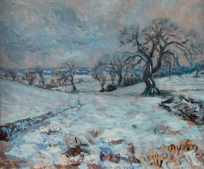 Jean DREVON (1899-1978) Les terres froides sous la neige.
Huile sur panneau, signée...