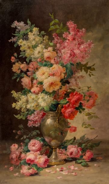 GODCHAUX (XIXème-XXème) Vase fleuri.
Huile sur toile. 147x89 cm.