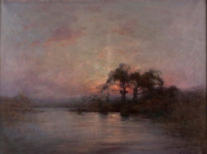 Daniel KOECHLIN (1845-1914) Couché de soleil sur un lac.
Huile sur toile, signée...