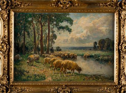 Charles LEFEVRE (1875-?) Berger et ses moutons autour d'une mare.
Huile sur toile,...