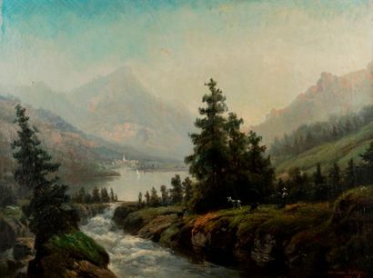 Théodore LEVIGNE (1848-1912) Bergères au bord d'un lac alpin animé.
Huile sur toile,...