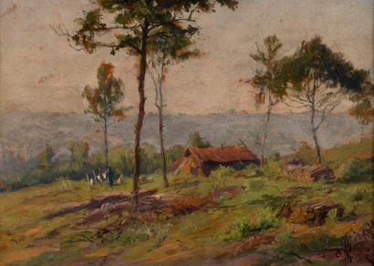 Oscar Louis MASCRÉ (1865-1943) La cabane du bucheron et Matinée grise de printemps.
Paire...