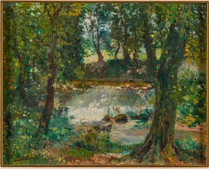 François MAURY (1861-1933) Chute d'eau au printemps.
Huile sur toile, signée en bas...