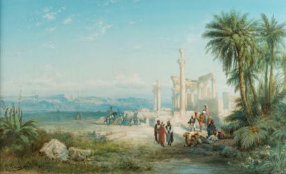 Paul PASCAL (1832-1903) Caravane devant des ruines romaines.
Aquarelle, signée en...