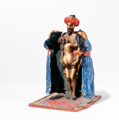 null Bronze de Vienne. Pacha au chat et Scène érotique, sujet en bronze polychrome...