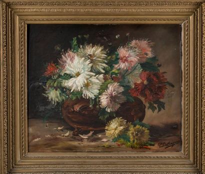 C.DETONGRES Bouquet de chrysanthèmes. Huile sur toile, signée en bas à droite. 54X65...
