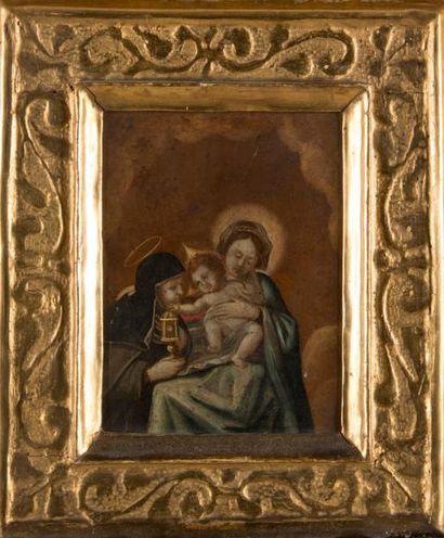 ECOLE FRANÇAISE DE LA FIN DU XVIIÈME SIÈCLE Vierge à l'enfant et Sainte-Anne. Huile...