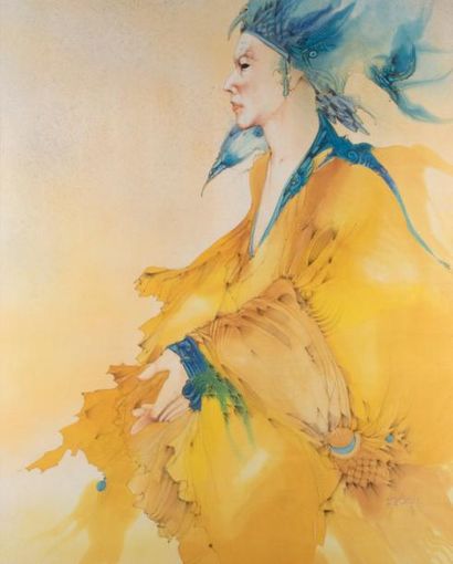 Anne BACHELIER (1949) Personnage en bleu et jaune. Peinture sur soie, signée en bas...