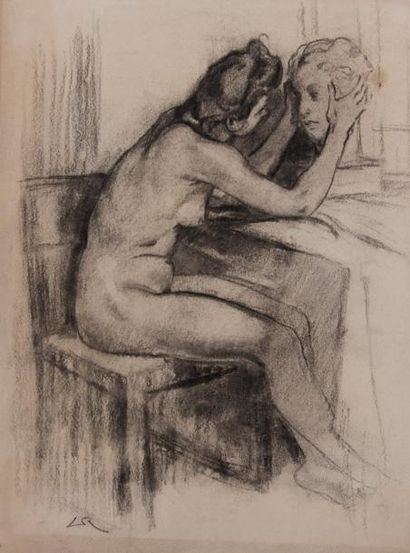 Alméry LOBEL-RICHE (1880-1950) Nu tenant une tête sculptée. Fusain, monogrammé en...