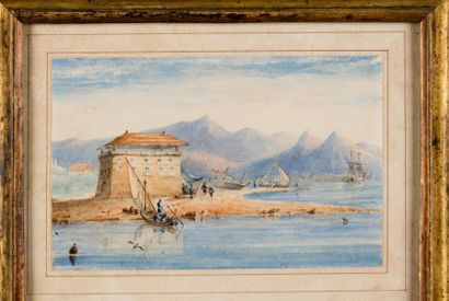 Ecole ITALIENNE du début du XIXème siècle Trois mâts et barque près d'une plage....
