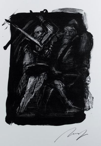 Alfred HRDLICKA (1928-2009) Duel. Lithographie en noir et blanc, signée, cachet sec...