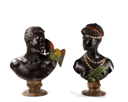 Hermann GLADENDEK (1827-1918) "Black Amor". Deux sculptures Buste de couple d'africains,...
