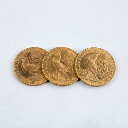 null Lot de trois pièces en or 20 FF de 1908 et 1911
