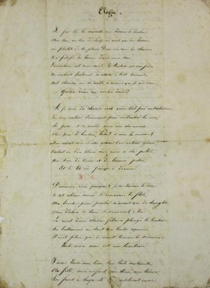 LAMARTINE (A. DE). Poème autographe manuscrit de 4 pages in-8, signé. Long poème...