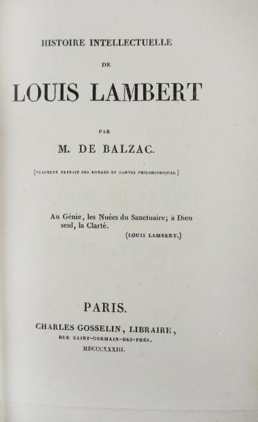 BALZAC (H. DE). Histoire intellectuelle de Louis Lambert. Paris, Charles Gosselin,...