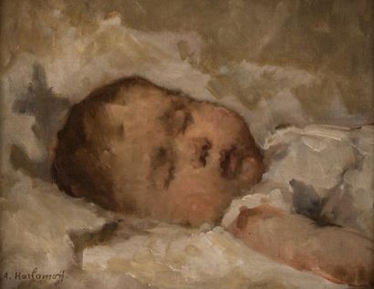 Alexeï Alexeievich HARLAMOFF (1840 - 1922) Bébé endormi.
Huile sur toile, signée...