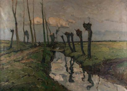 Frans Hens (1856-1928) ANVERS Les polders.
Huile sur toile signée en bas à gauche...