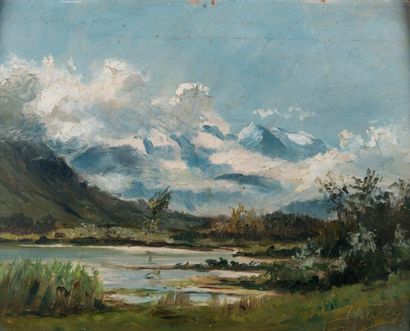 Louis HUVEY (1868-1954) Paysage de lac et montagne.
Huile sur carton, signée en bas...