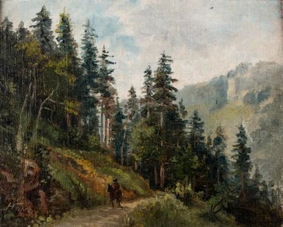 Louis HUVEY (1868-1954) Cavalier sur un chemin de montagne arboré.
Huile sur toile...