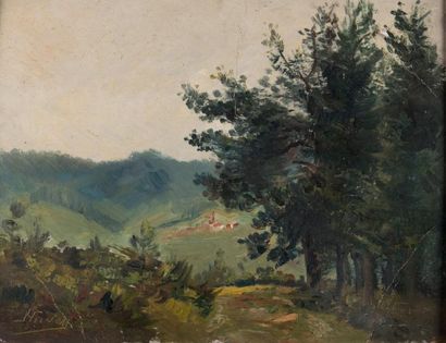 Louis HUVEY (1868-1954) Vallée et arbres.
Huile sur papier marouflée sur carton,...