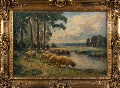 Charles LEFEVRE (1875-?) Berger et ses moutons autour d'une mare.
Huile sur toile,...