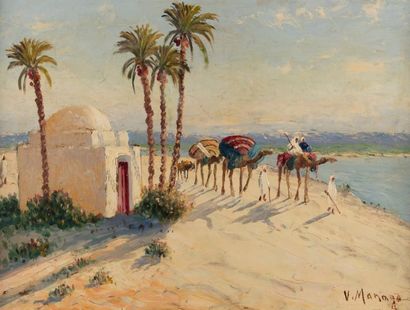 Vincent MANAGO (1880-1936) Caravane de berbères, vue sur l'Atlas.
Huile sur panneau,...