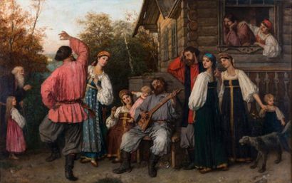 Isidore PATROIS (1815-1884) Scène de liesse à côté de l'isba, campagne russe.
Huile...