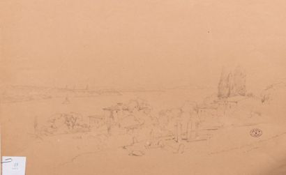 Jules COIGNET (1798-1860) Paysage au bord d'un fleuve:" L'île .. près du grand champ...
