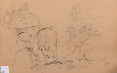 Jules COIGNET (1798-1860) Le pont Gragnane.
Dessin à la mine de plomb et rehaut de...