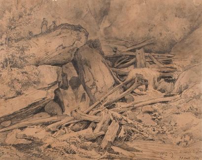Jules COIGNET (1798-1860) La cascade des dames.
Dessin crayon graphite.
Monogrammé...