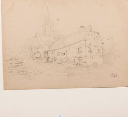 Jules COIGNET (1798-1860) Village et maison à pans de bois.
Dessin au crayon. Cachet...