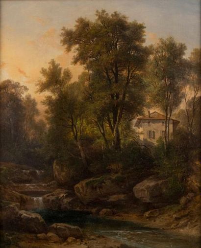 Nicolas Victor FONVILLE (1805-1856) Maison dans les sous bois.
Huile sur toile, signée...