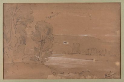 François VERNAY (1821-1896) Paysage au bord de rivière.
Dessin à l'encre et craie...