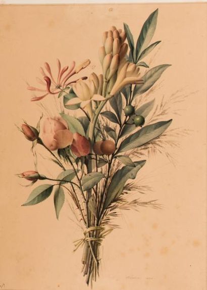 AUGUSTIN ALEXANDRE THIERRIAT (1789-1870) Bouquet de rose, cerfeuil, fraisia.
Aquarelle,...