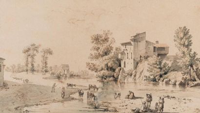 *Jean-Jacques De Boissieu (1736-1810) Rivière animée.
Encre et aquarelle, signée...