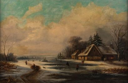Ecole Hollandaise du XIXème siècle Les patineurs, scène de canal en hiver.
Paire...