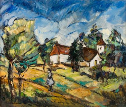Abel BERTRAM (1871-1954) Chemin animé et village.
Huile sur toile, signée en bas...