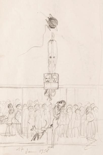 Ferdinand DESNOS (1901-1958) Procession ?
Crayon, signé et daté 1958.
31,5 x 20,5...
