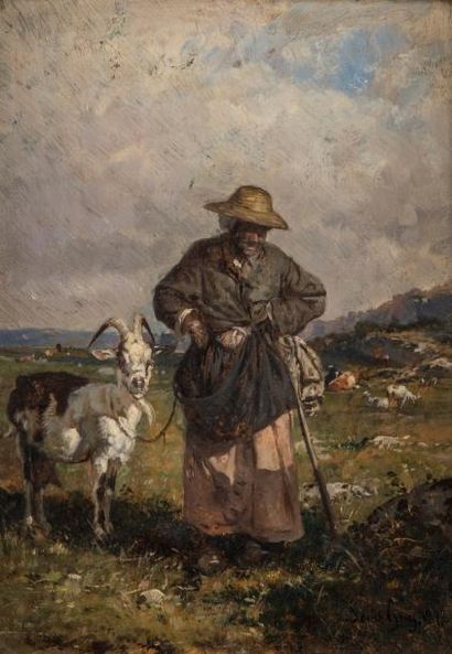 *Louis GUY (1824-1888) Bergère et sa chèvre.
Huile sur panneau, signée et datée 1880...